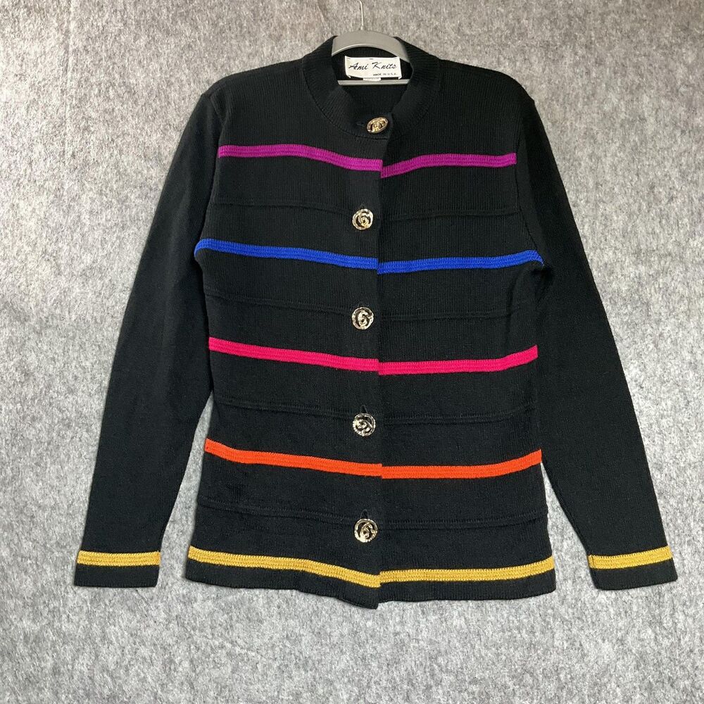 Vintage Sweater Womens Medium Black Rainbow Stripe Button Up USA Retro 80s 90s